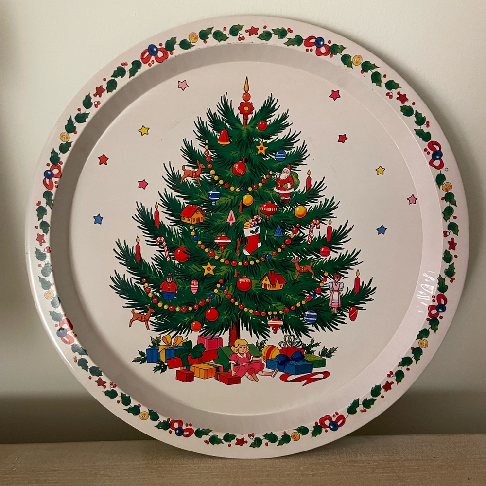 Vintage The Ullman Co. Holiday Christmas Tree Round Metal Serving Tray 13”